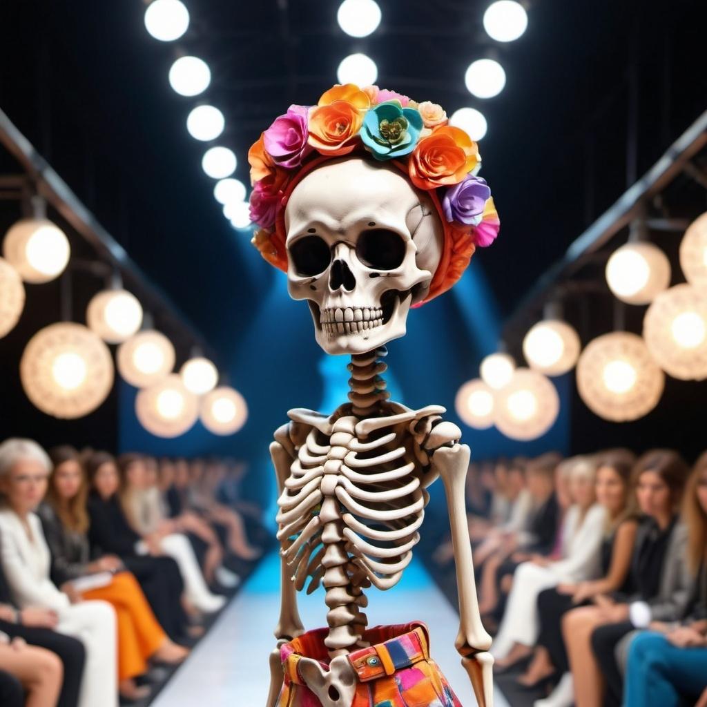 Image of a skeleton on a fashion runway with a flower tiara and skirt